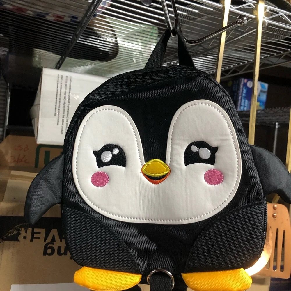 Kids Toddler Girl’s Penguin Backpack - Black and White with Yellow Accent
